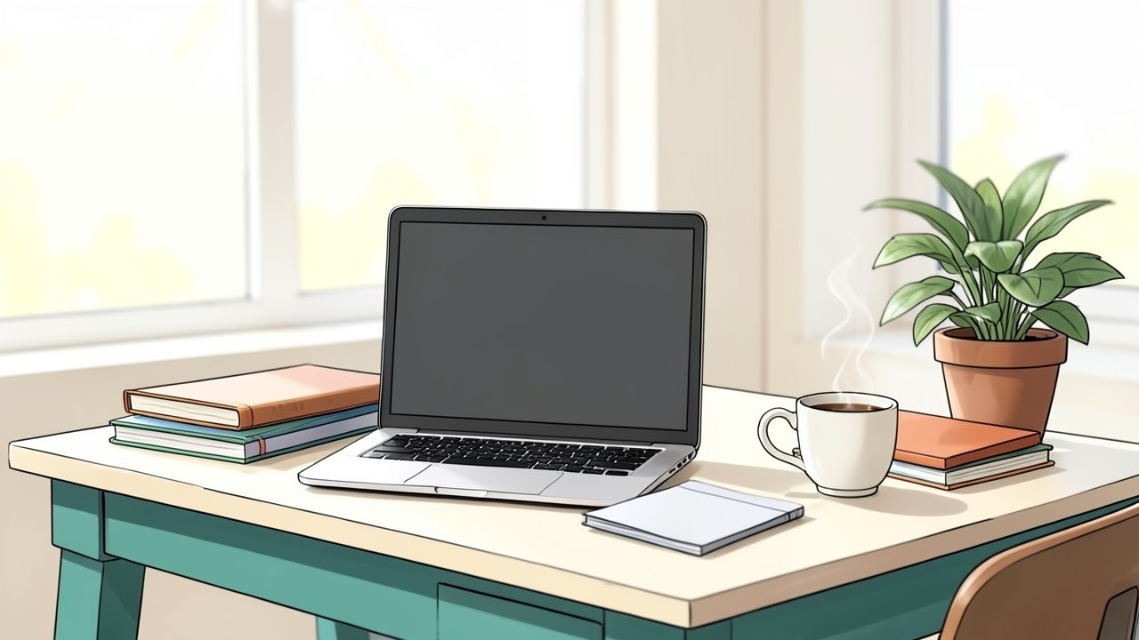 A bright study space with notebooks and a laptop on a wooden desk, soft sunlight through a window, conveying a hopeful start to college