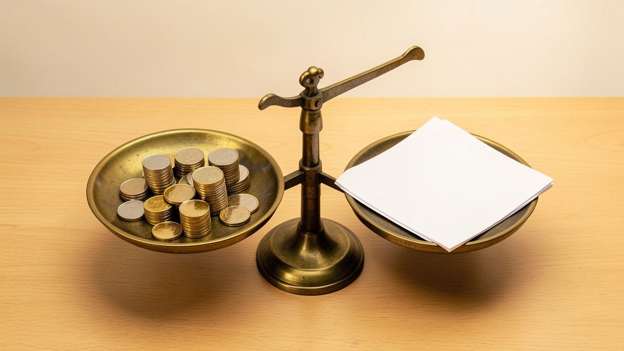 A balanced scale with coins on one side and a document on the other, representing comparison of loan types