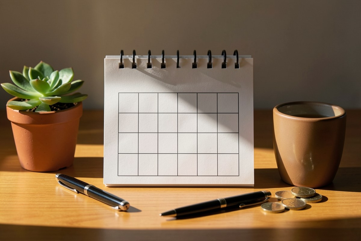 A payment calendar with a pen, coins, and a small plant, symbolizing monthly repayment planning