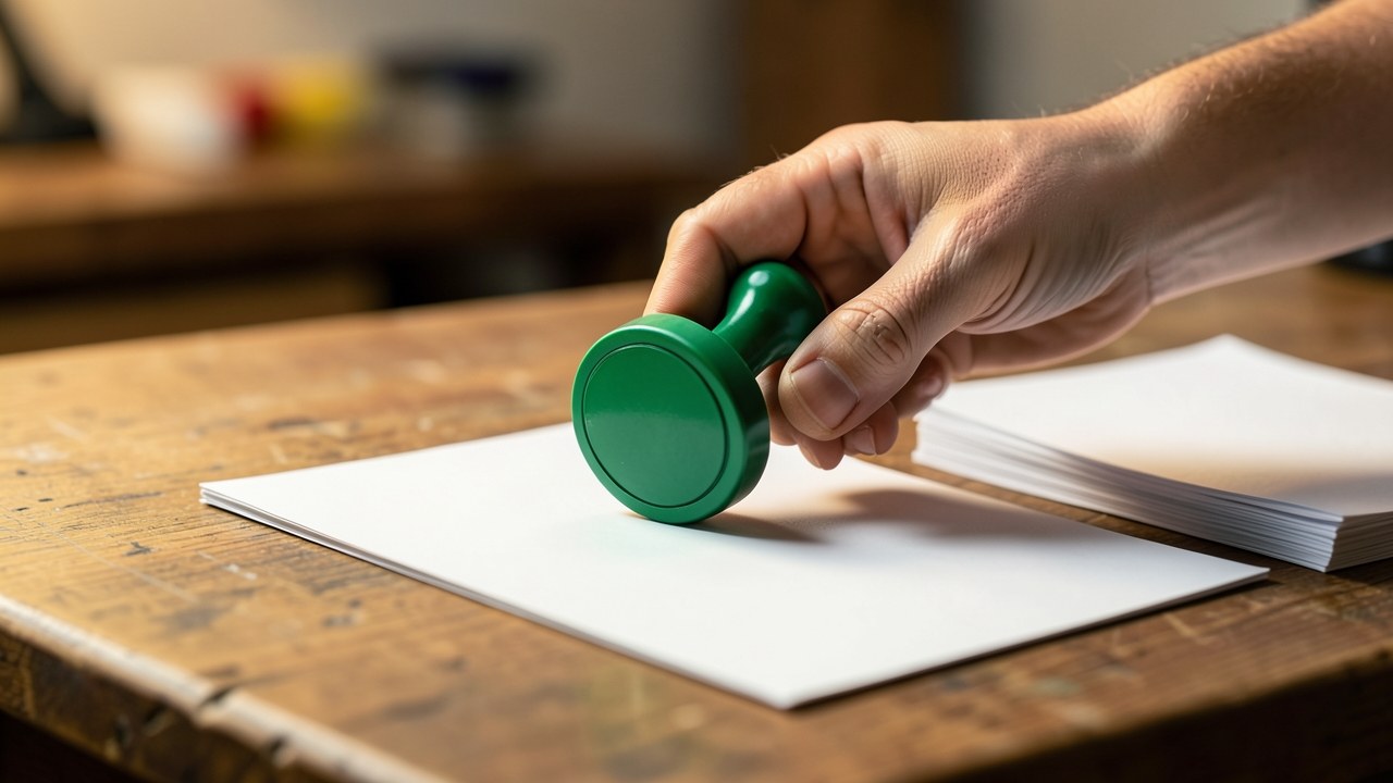 A hand placing a stamp that says pre-approved on a pile of papers, representing loan forgiveness