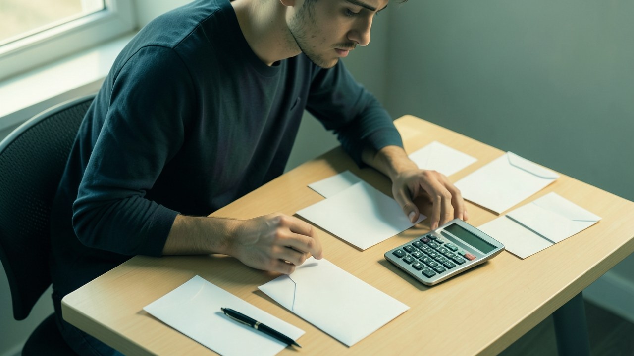 A person looking at bills and a budget sheet with worry, yet a pen and calculator ready for action