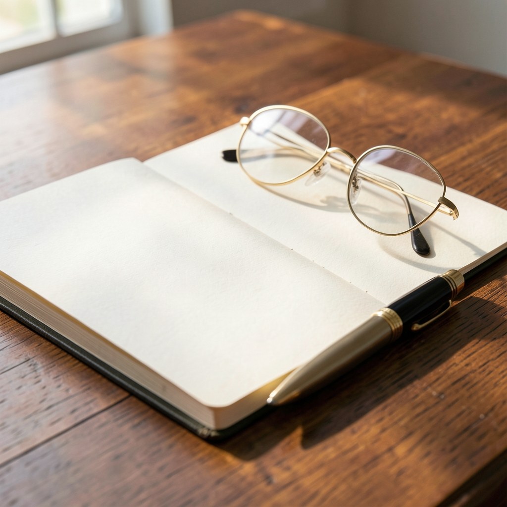 A clean workspace with a notebook, pen, and glasses, indicating a place of creation