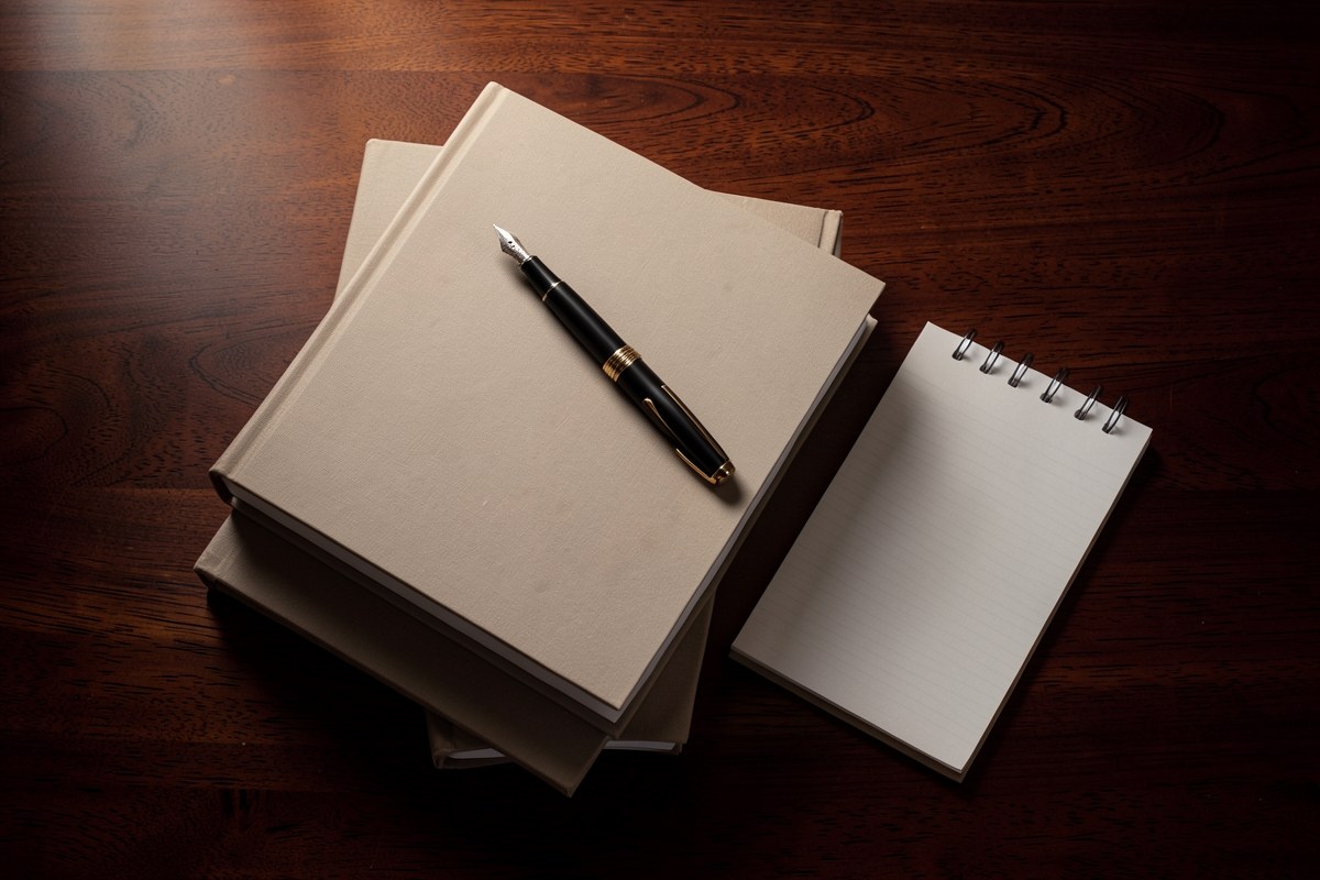 A stack of hardcover books beside a pen, symbolizing research and editorial rigor