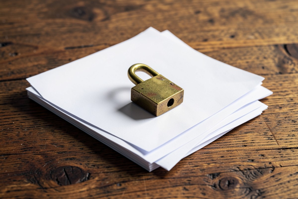 A padlock on a wooden table, symbolizing privacy and security